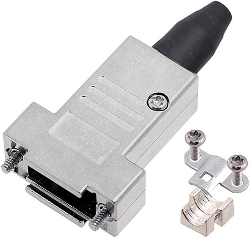 Un connecteur D-Sub argenté avec un raccordement de câble noir et deux bornes à vis à côté, pour une connexion électrique.