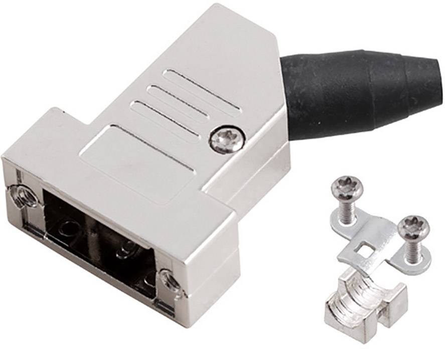 Connecteur avec boîtier métallique et vis amovibles. Connexion de câble à une extrémité, adapté pour des applications techniques.