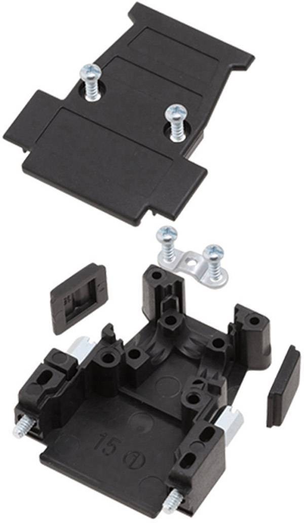 Deux boîtiers en plastique noir avec des vis et des pièces de jonction visibles. Boîtier supérieur fermé, boîtier inférieur ouvert.