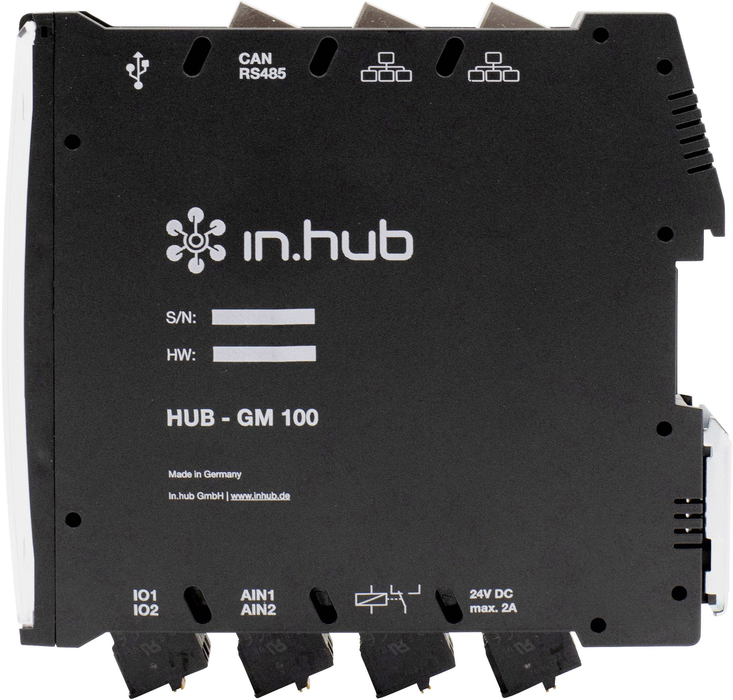 Un appareil noir portant l'inscription 'in.hub HUB-GM 100'. Les connexions et les numéros de série sont visibles. Il est fabriqué en Allemagne.