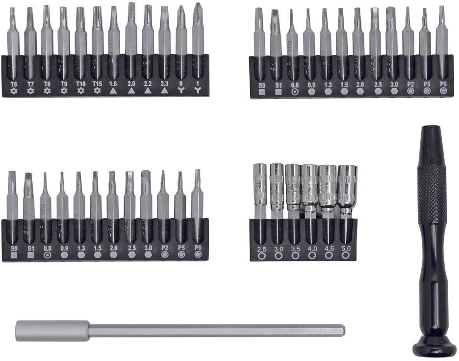 Un ensemble de embouts de tournevis avec support et poignée. Différentes tailles et formes pour une utilisation polyvalente.