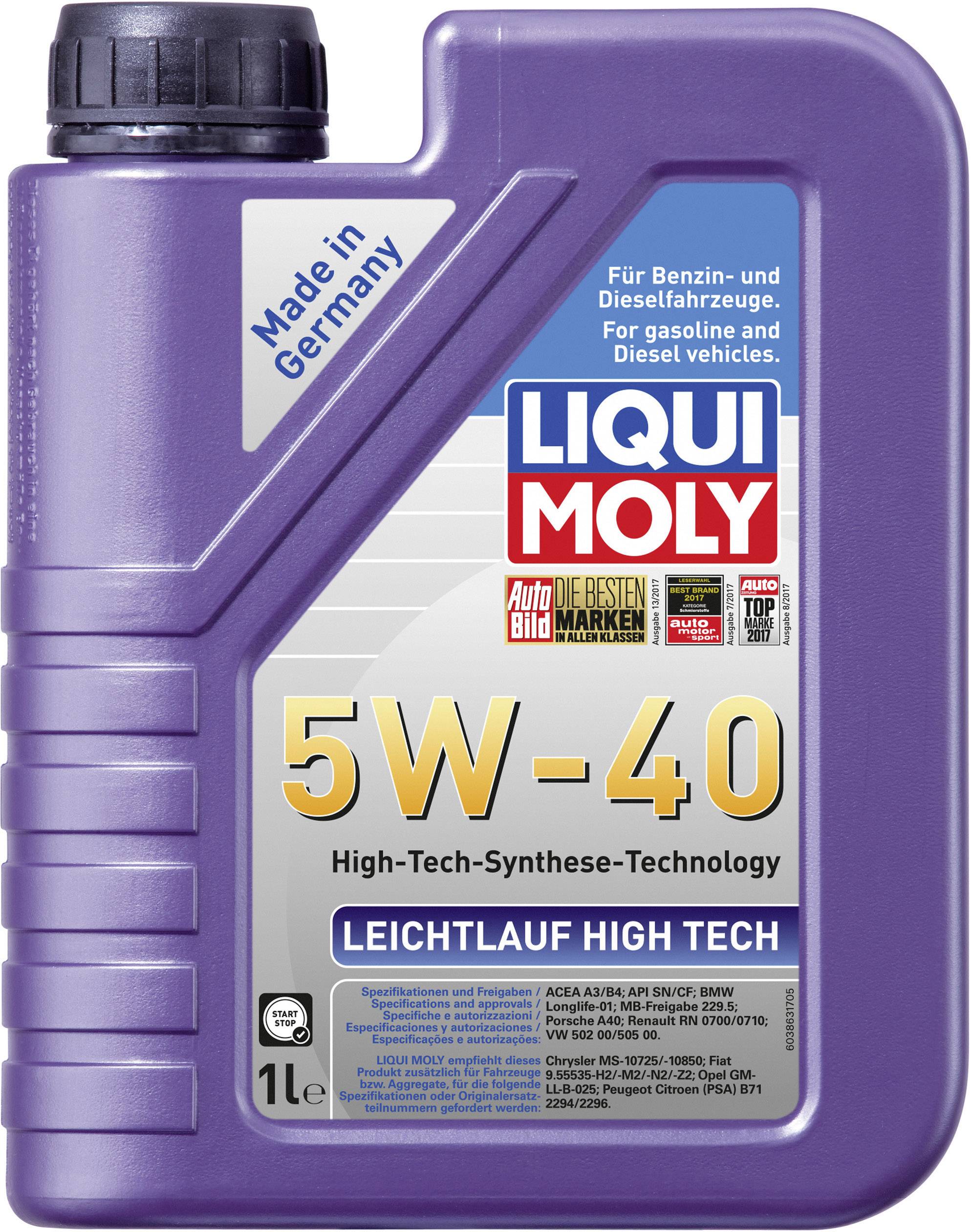 Huile moteur LIQUI MOLY 5W-40 en bidon violet, adaptée aux véhicules essence et diesel, avec technologie de synthèse haute performance, 1 litre. Fabriqué en Allemagne.