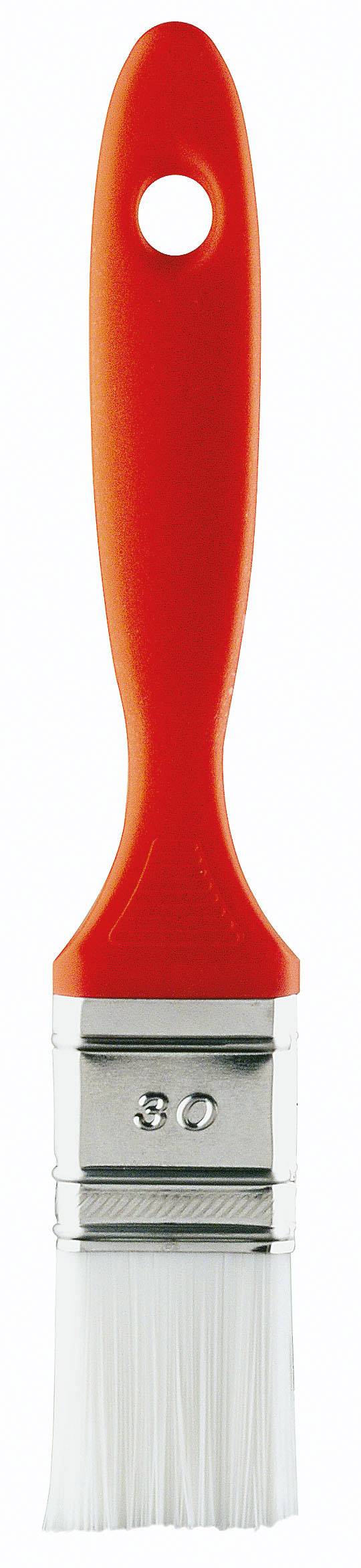 Un pinceau unique à poils blancs et manche orange, percé d'un trou pour la suspension.