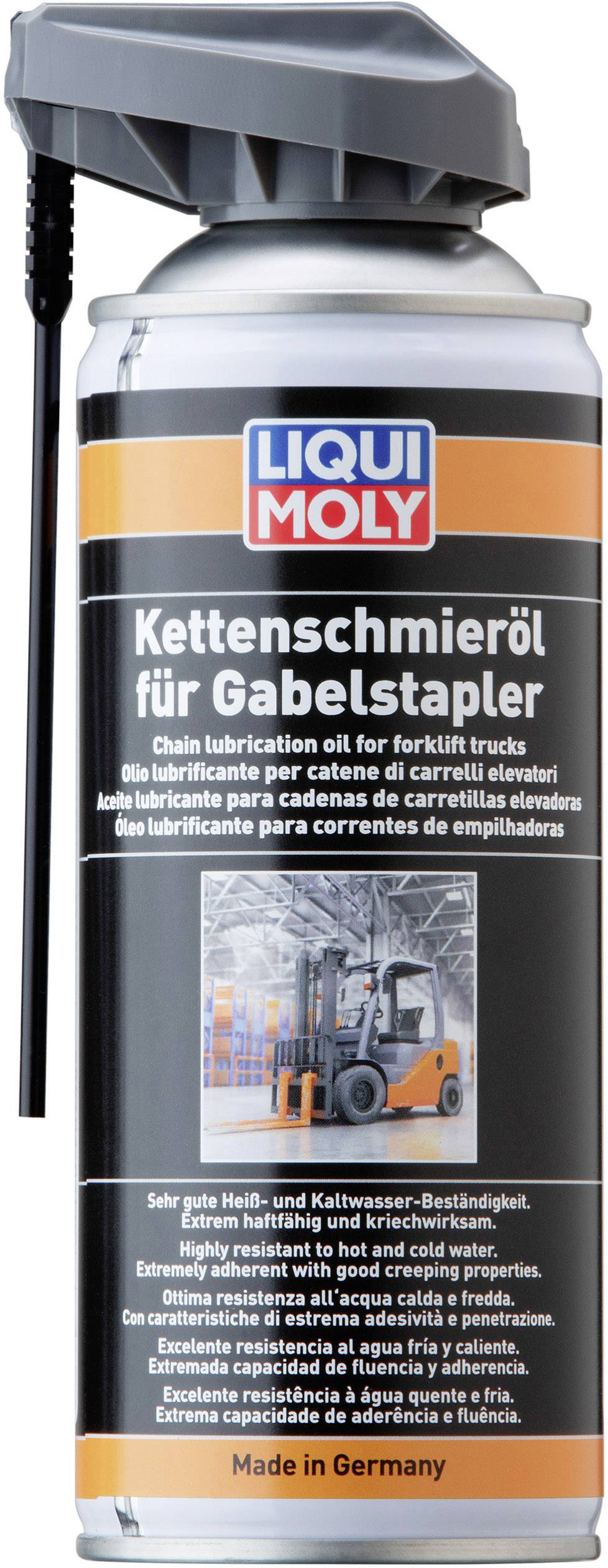 'Boîte d'huile de graissage de chaîne pour chariot élévateur à fourche, marque Liqui Moly. Contient une description et des instructions d'utilisation sur l'étiquette.'