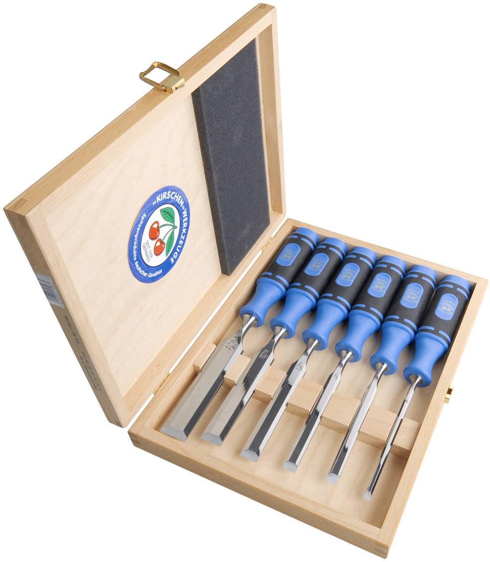 Un ensemble de huit burins bleus et argentés est placé dans un coffret en bois ouvert, avec un logo rond à l'intérieur du couvercle.