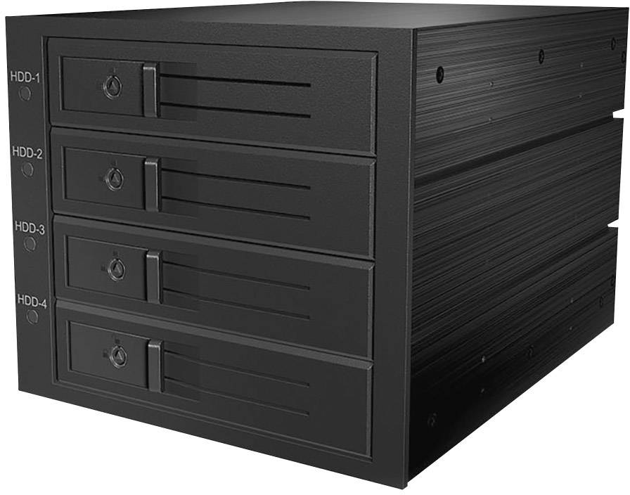 Un boîtier de disque dur noir avec quatre baies, identifiées HDD-1 à HDD-4. Adapté pour le montage dans un boîtier d'ordinateur.