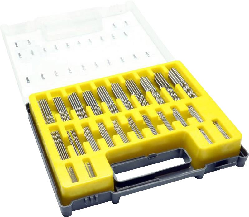 Une valise jaune contenant de nombreux forets métalliques de différentes tailles, soigneusement rangés dans des compartiments, conservés dans un récipient transparent avec couvercle.