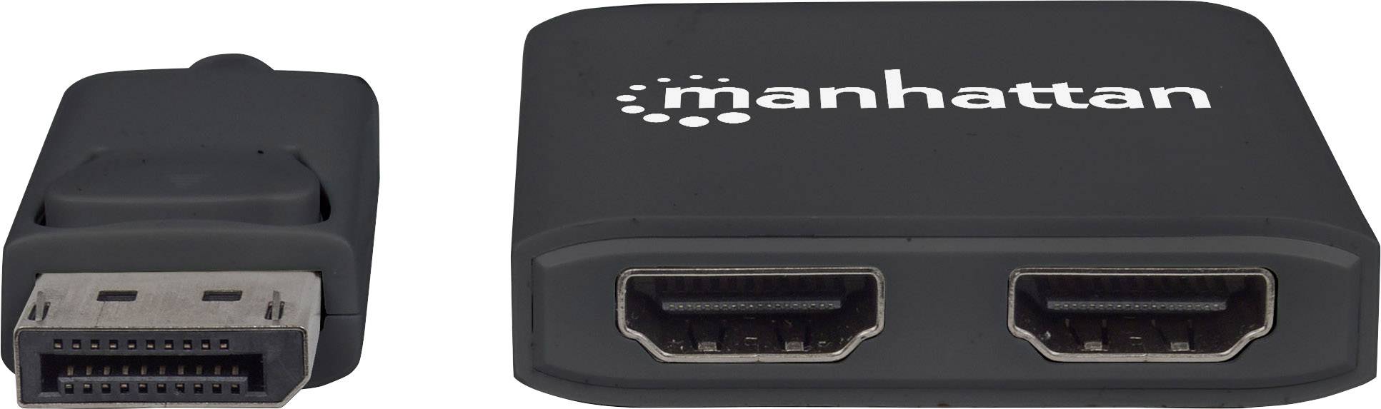 Deux adaptateurs noirs : l'un avec une fiche DisplayPort, l'autre avec deux ports HDMI et le logo « Manhattan ».