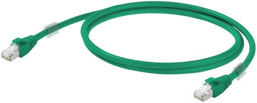 Câble Ethernet vert avec connecteurs RJ45 aux deux extrémités, utilisé pour les connexions réseau.