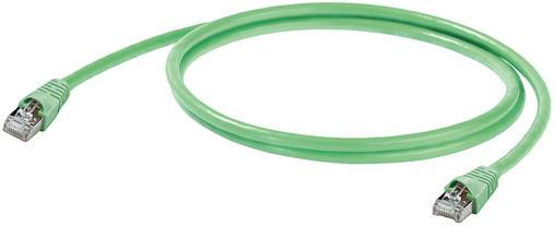 Câble Ethernet vert avec deux connecteurs RJ45, légèrement enroulé. Utilisé pour les connexions réseau dans les réseaux informatiques.