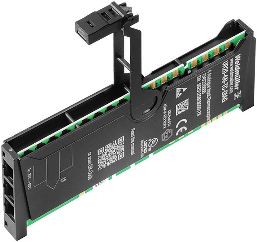 Module électronique avec carte de circuit imprimé verte et boîtier noir, sur lequel des informations techniques et un code QR sont visibles.