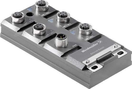 Commutateur électrique rectangulaire avec six connexions en haut et logo Weidmüller, utilisé pour la technique de connexion industrielle.