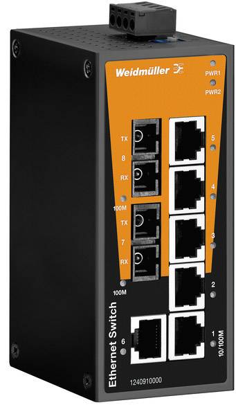 Commutateur Ethernet Weidmüller avec huit ports RJ45 pour la connexion réseau. Deux LED pour l'état d'alimentation et plusieurs LED indicatrices pour la connexion et l'activité.