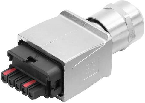 Connecteur avec boîtier métallique et cinq bornes noires et rouges, adapté aux applications industrielles.