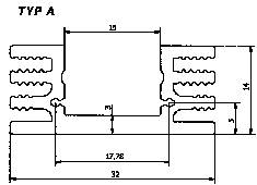 Le 'Type A' est un diagramme technique qui illustre les dimensions transversales d'un composant. Largeur : 32 mm, Hauteur : 14 mm, Largeur centrale : 17,78 mm.
