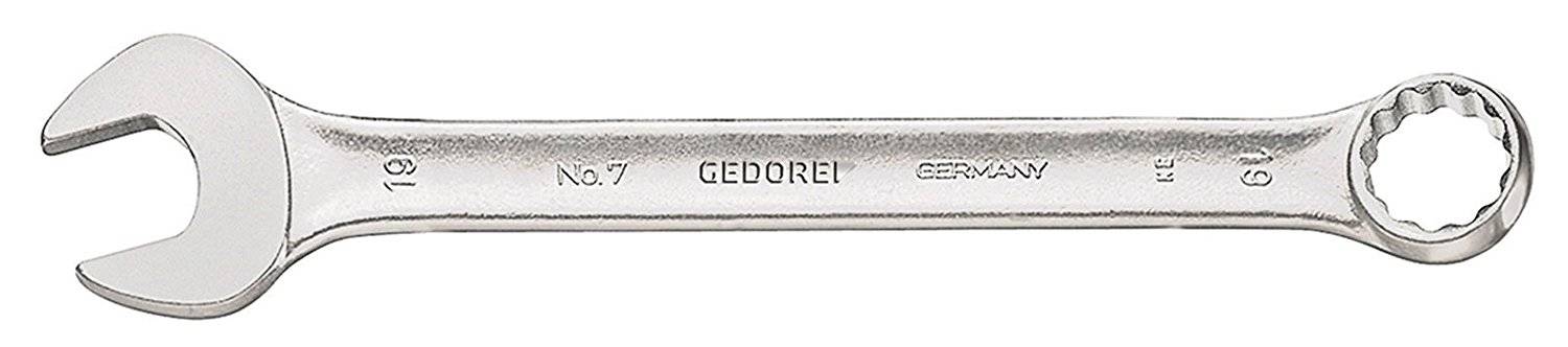 Une clé à fourche en argent de la marque GEDORE avec les indications de taille 19 et 22, fabriquée en Allemagne.