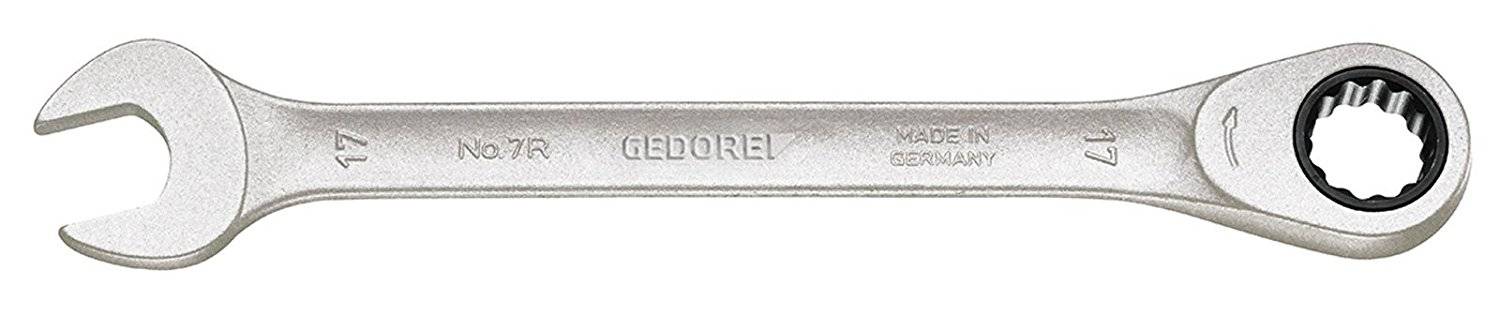 Une clé à fourche-anneau à cliquet en argent de la marque 'GEDORE', taille 17, fabriquée en Allemagne.