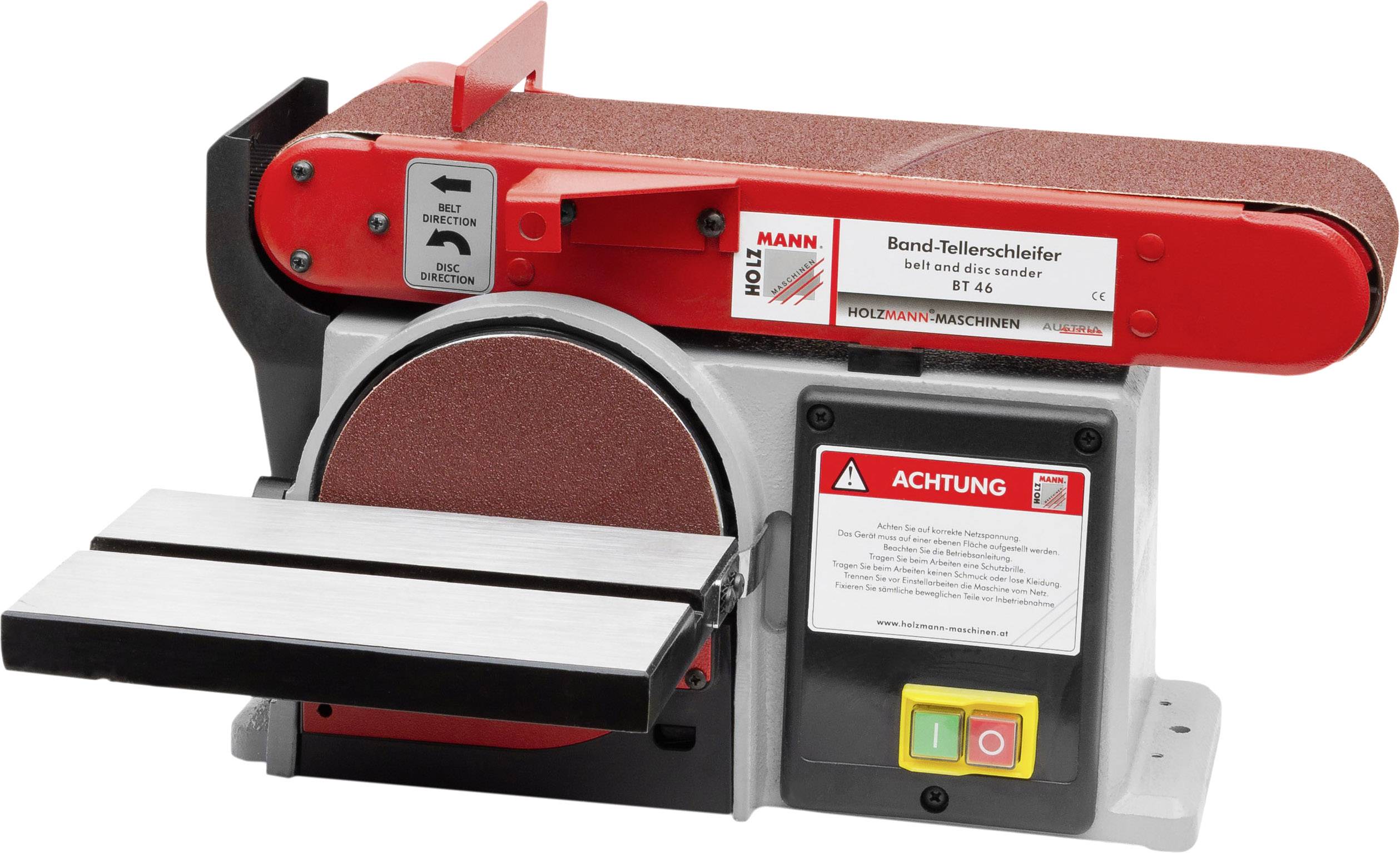 Ponceuse à bande avec ruban rouge et plaque métallique, adaptée aux travaux sur bois.