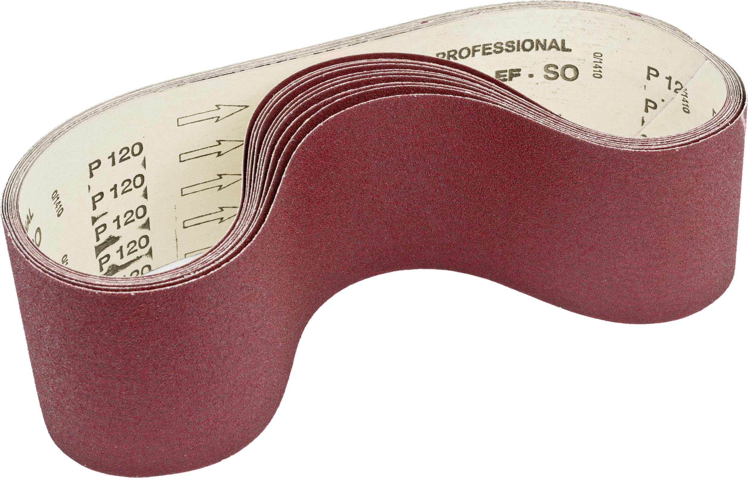 Une pile de bandes abrasives rouges de grain P120, empilées de manière ondulée, adaptées aux travaux de ponçage professionnels.