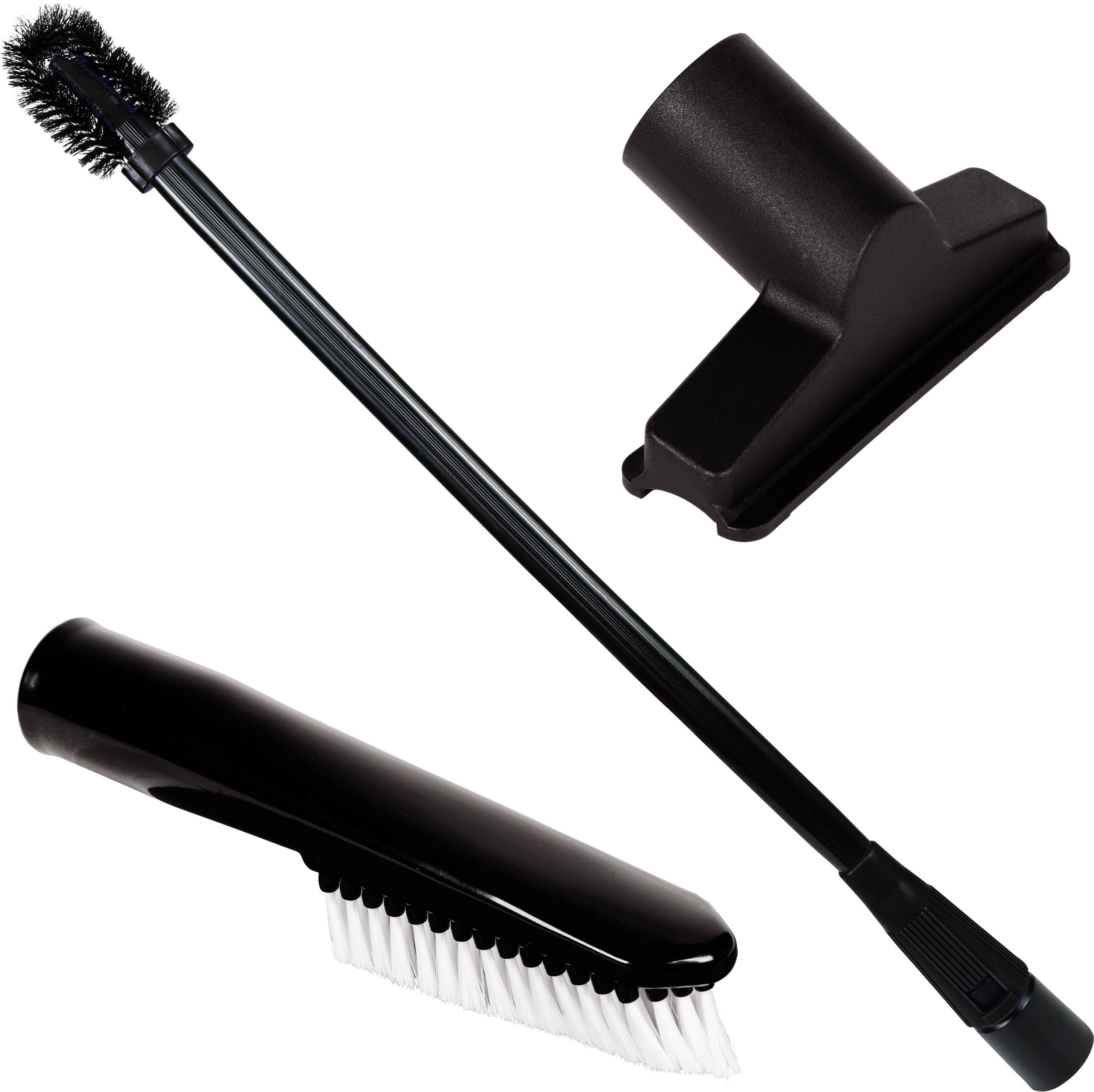 Un ensemble de trois accessoires d'aspirateur : une tête de brosse ronde, une large brosse avec des poils blancs et un embout étroit.