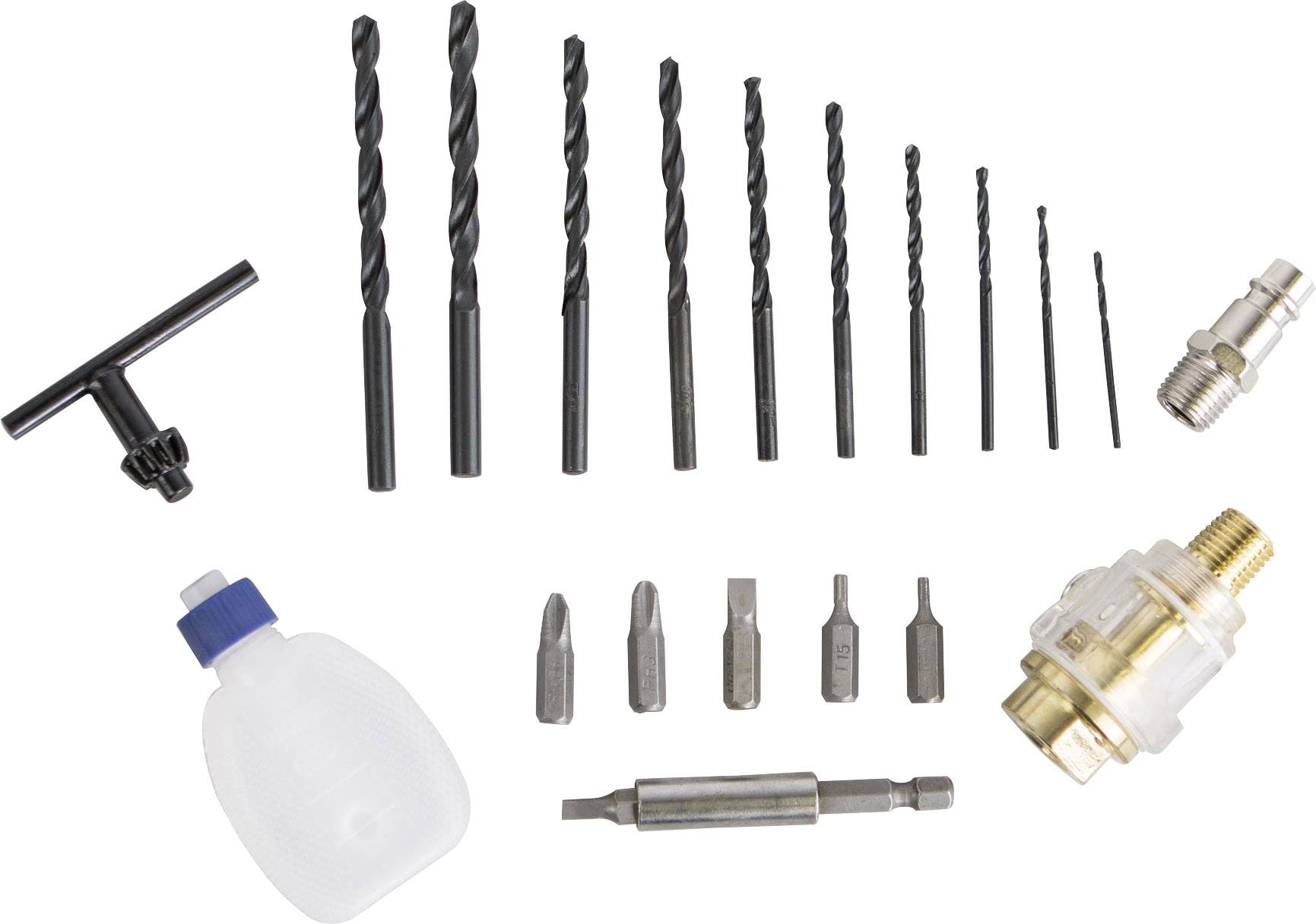 Un ensemble de forets et de mèches de différentes tailles, accompagné d'un récipient bouteille et de deux embouts de valve spéciaux.