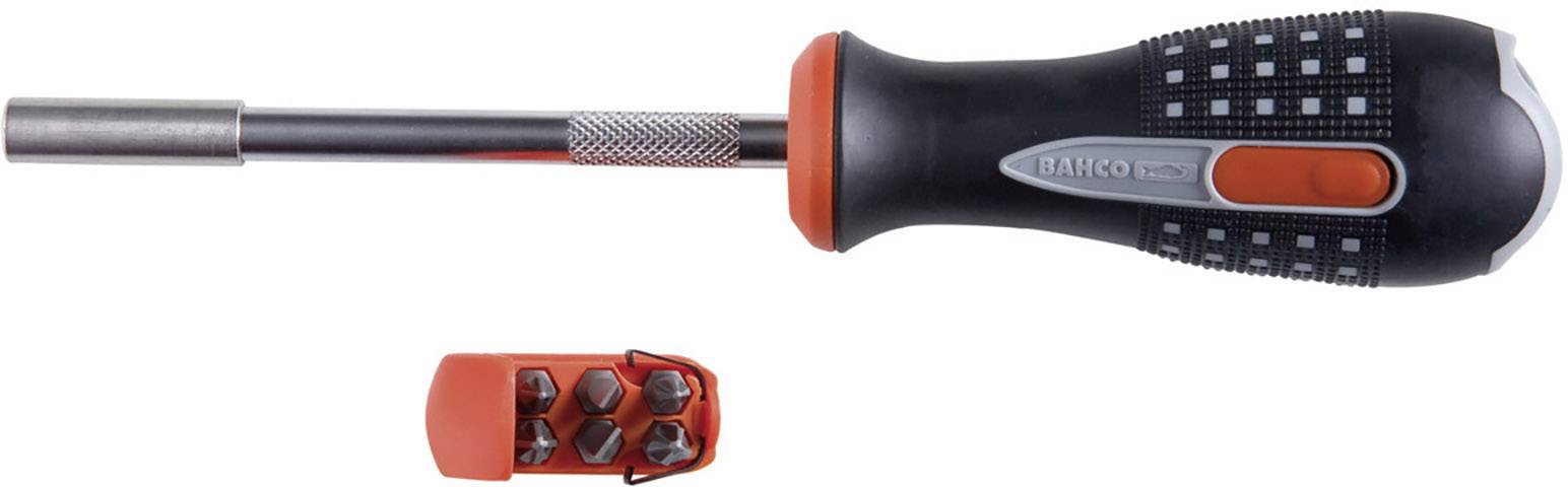 Tournevis à embouts interchangeables, manche noir et orange, design antidérapant, embouts supplémentaires dans un support séparé.