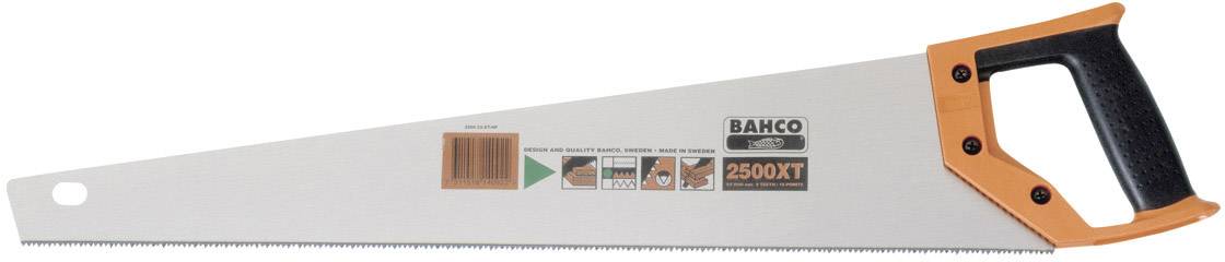 Handsäge mit schwarzem Griff und orangem Schutz, Markenlogo 'Bahco 2500XT' auf der Klinge, geeignet für Holzarbeiten.