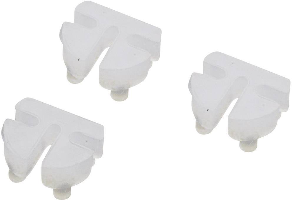 Trois composants blancs triangulaires aux bords arrondis, avec de petites broches sur un côté, probablement destinés à une application technique.