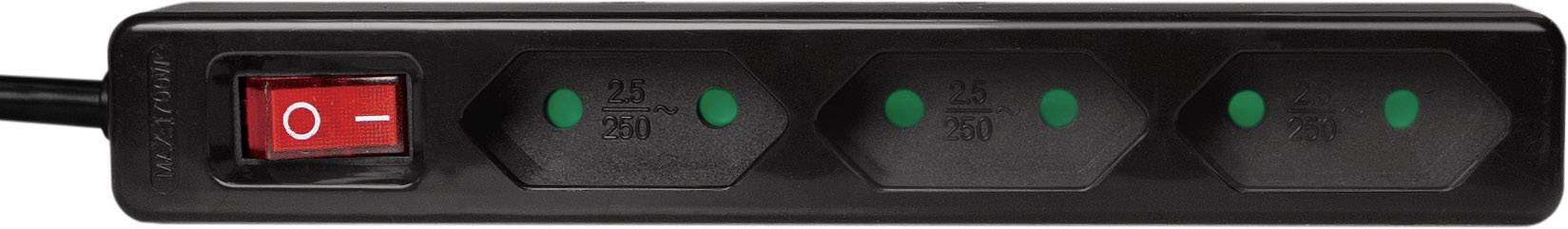 Une multiprise noire à quatre prises, dotée d'un interrupteur marche/arrêt rouge sur la gauche. Les emplacements sont marqués en vert.