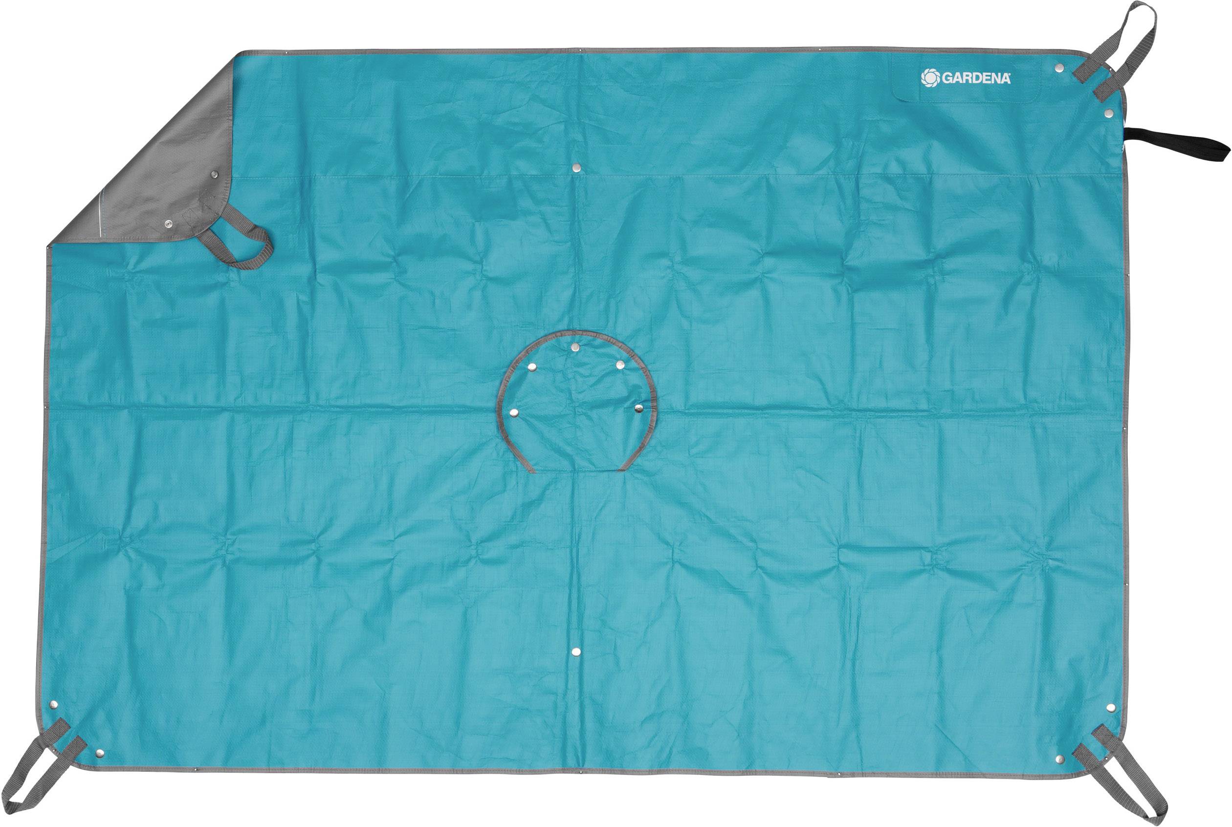 Bâches bleues rectangulaires avec élastique aux coins et une découpe circulaire au centre, probablement destinées à la protection ou à la couverture.