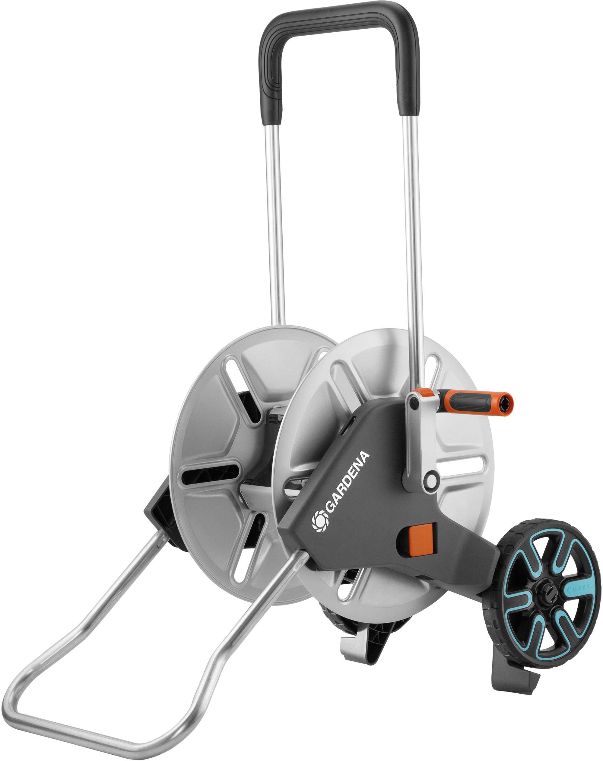 Chariot pour tuyau d'arrosage avec roues, poignée et supports pour le tuyau. Logo de marque et embout orange du tuyau visibles.