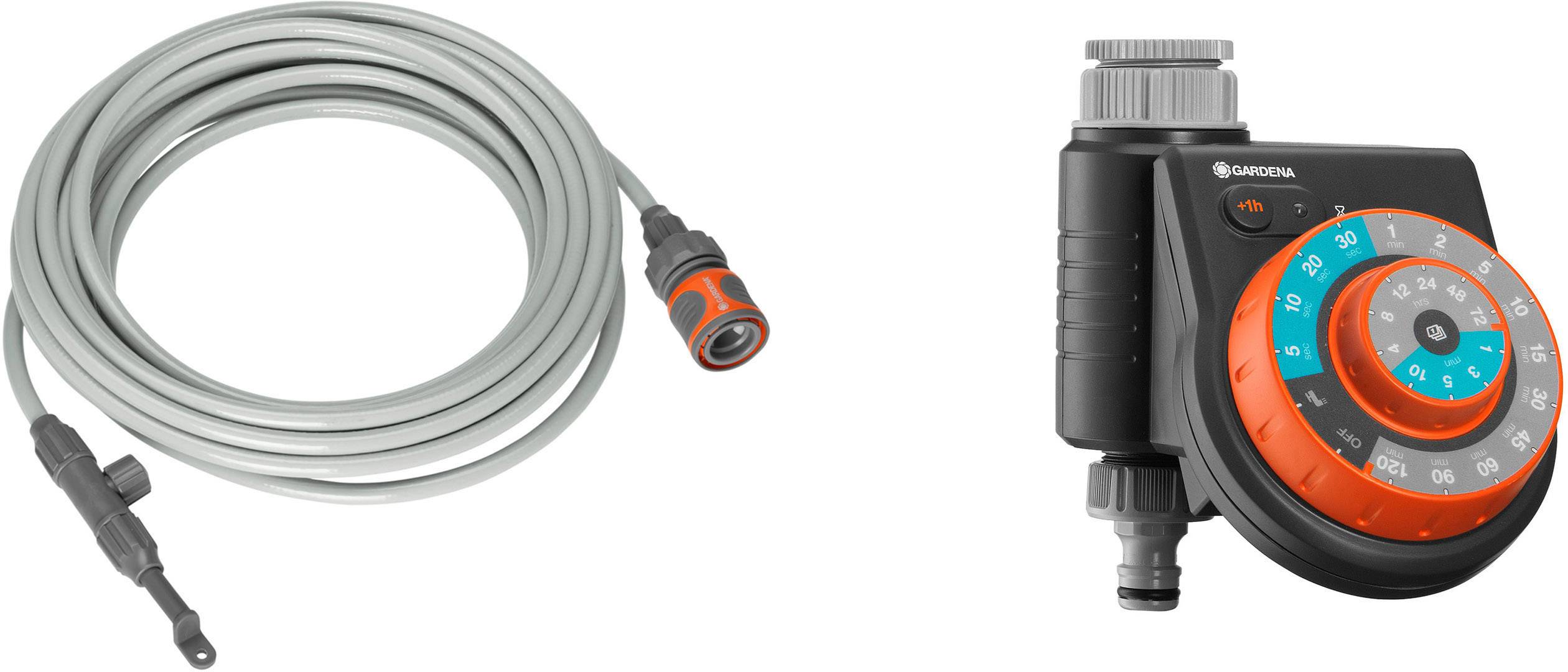 Tuyau de jardin gris avec raccord orange à gauche, minuterie d'irrigation numérique avec cadran et boutons à droite.