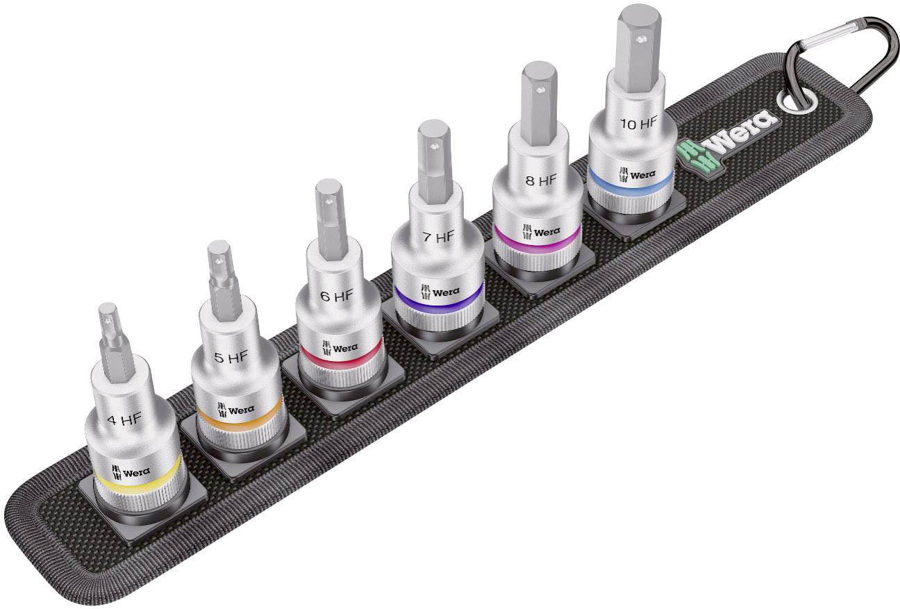 Ensemble de six douilles à embouts Wera sur un support. Chacune est identifiée par une couleur et numérotée de 5 à 10 mm. Porte-clés en haut.