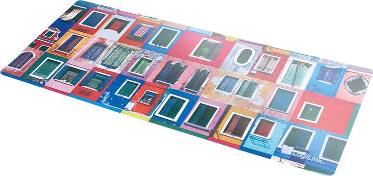 Tapis de souris avec motif de façade de maison colorée, présentant divers designs de fenêtres et de portes dans des couleurs vives.