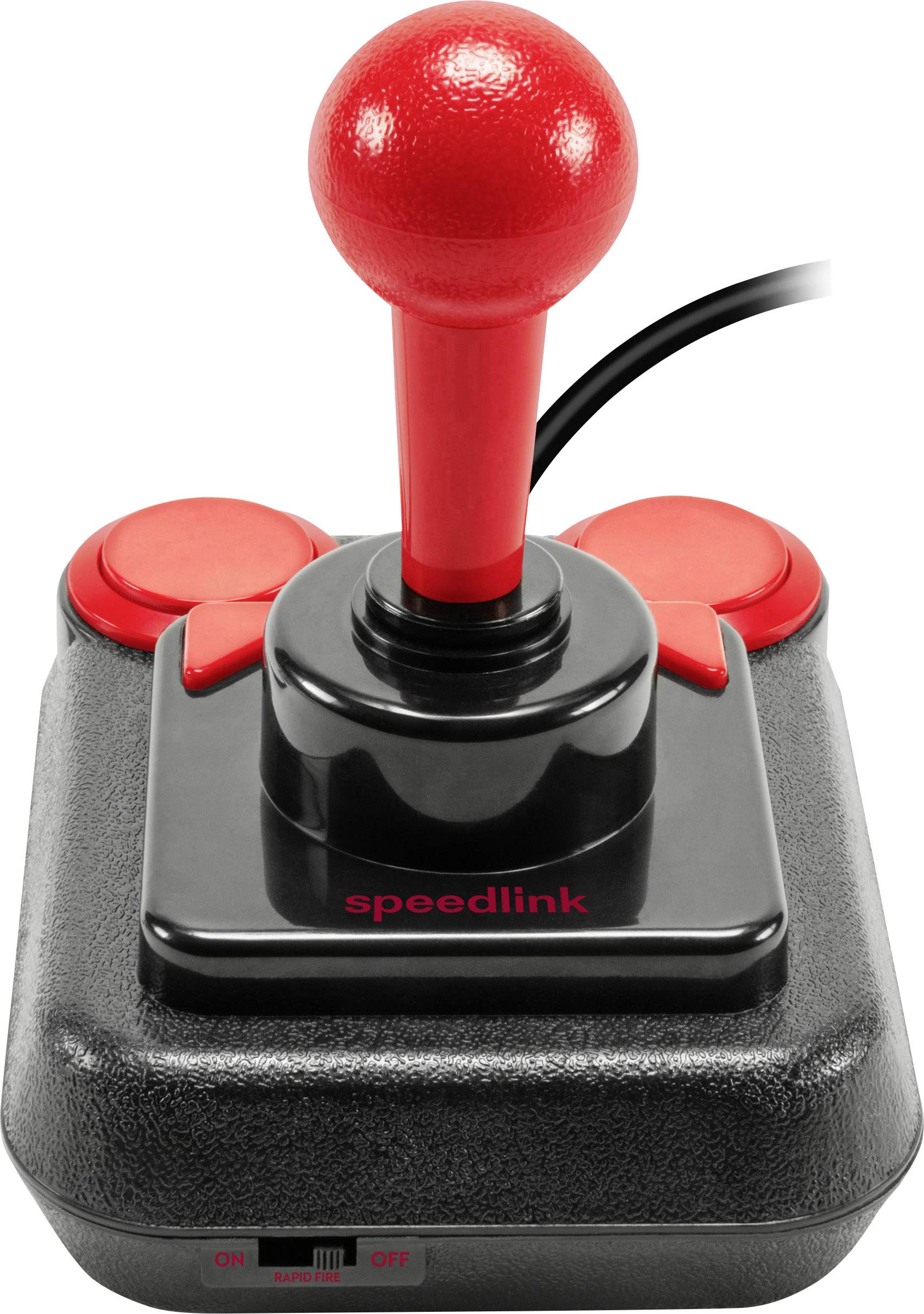 Un joystick rouge avec deux boutons rouges sur une base noire. Câble connecté. Inscription 'speedlink' sur la face avant.