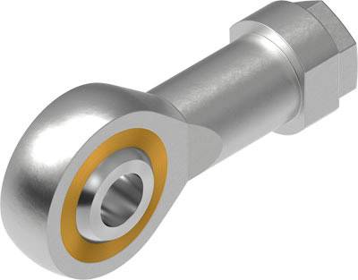 Une pièce métallique cylindrique argentée avec un anneau intérieur doré et une extrémité filetée, servant de palier articulé.