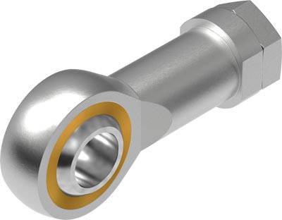 Œil articulaire métallique, cylindrique avec un évidement sphérique, probablement destiné à des connexions ou des mouvements mécaniques.