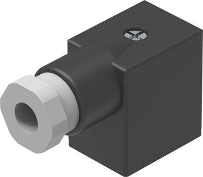 Un connecteur rectangulaire noir avec un écrou hexagonal gris à l'avant.