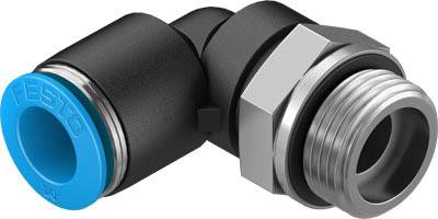 Raccord d'angle noir avec capuchon de fermeture bleu et filetage argenté, spécialement conçu pour les connexions pneumatiques.