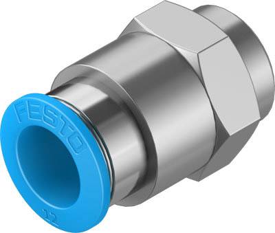 Un connecteur métallique argenté avec un capuchon en plastique bleu de la marque Festo. Pièce de raccordement pour applications pneumatiques.