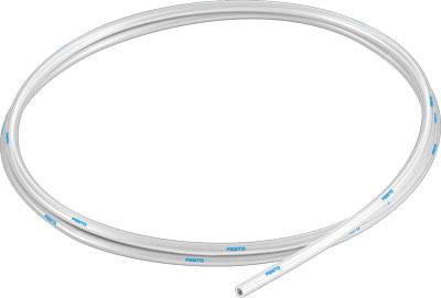 Un tuyau blanc flexible disposé en forme de cercle, avec des marquages bleus le long de sa longueur.