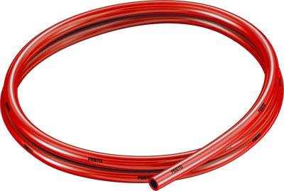 Tube pneumatique rouge en forme d'anneau. Adapté pour l'alimentation en air dans les systèmes automatisés. Marquage de marque visible.