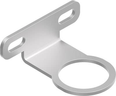 Support métallique avec deux ouvertures pour vis et un anneau rond. Utilisé pour la fixation et la sécurisation.