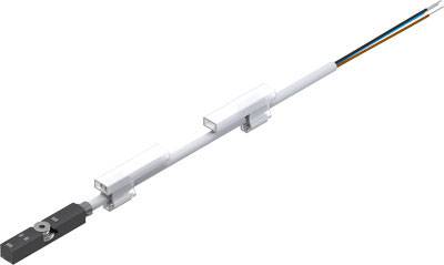 Un système de guidage linéaire avec des glissières blanches et des câbles. Principalement utilisé pour des commandes de mouvement industrielles précises.