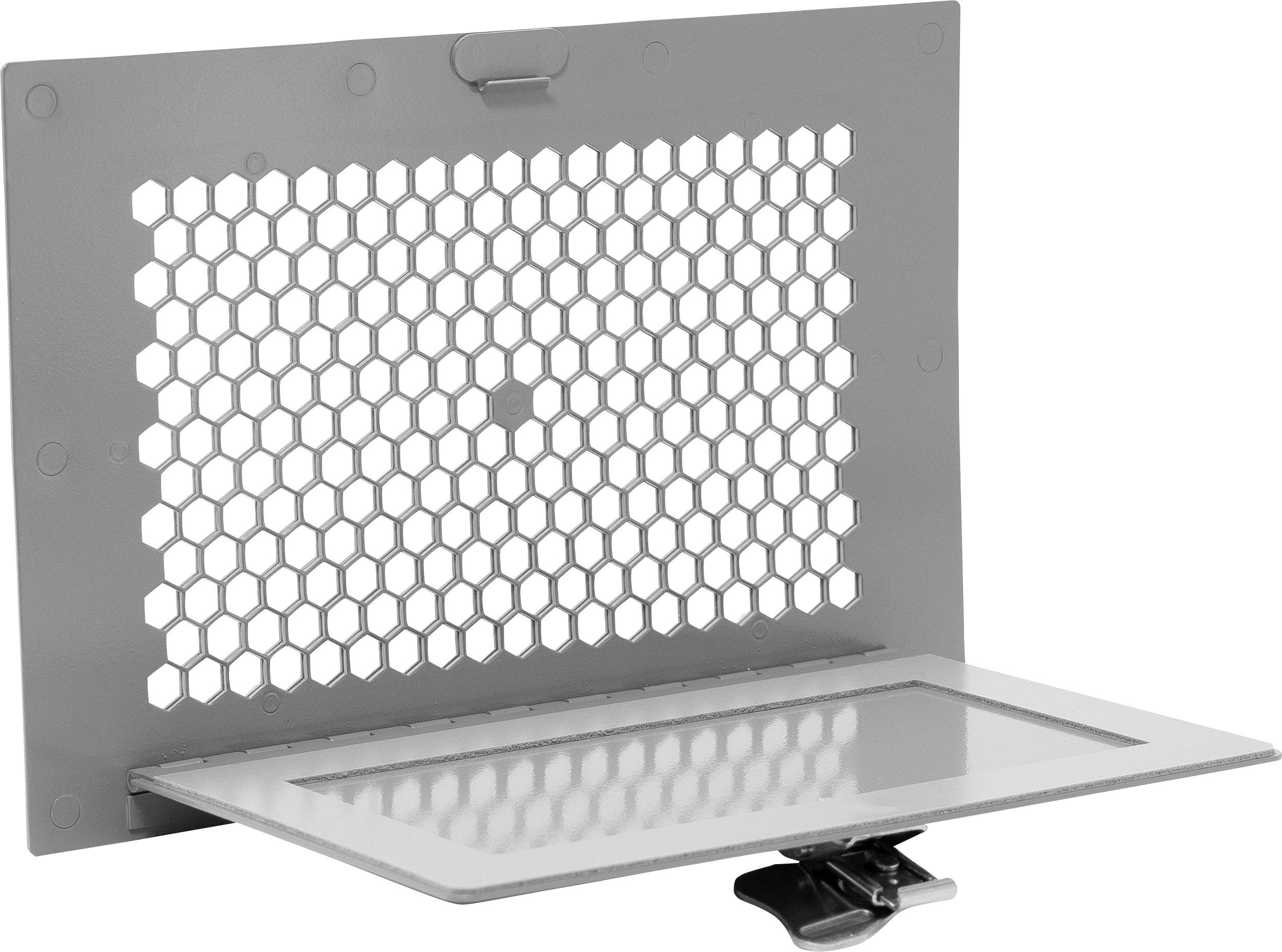 Grille en plastique grise avec motif en nid d'abeille et support intégré, ouverte et prête à être fixée sur une surface.