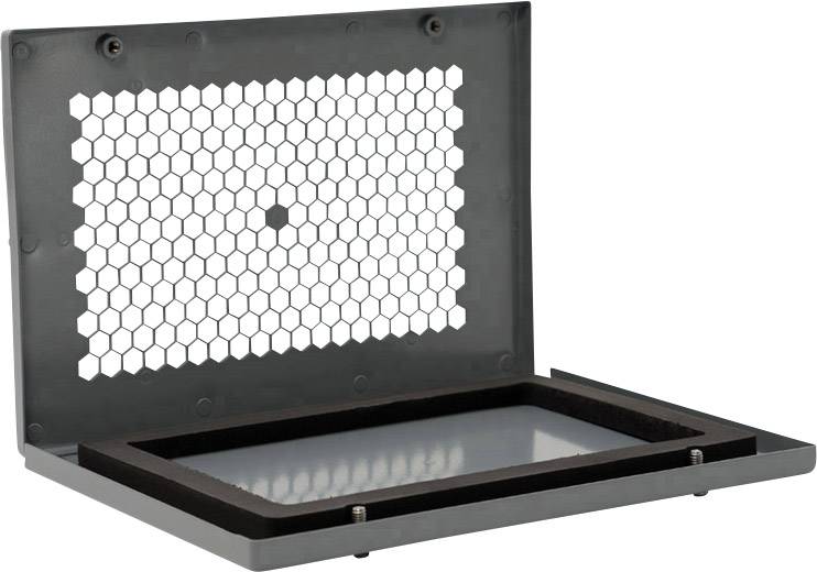 Cadre métallique ouvert, rectangulaire, avec une grille hexagonale et une plaque de verre située en dessous ; utilisé pour la ventilation ou la filtration.