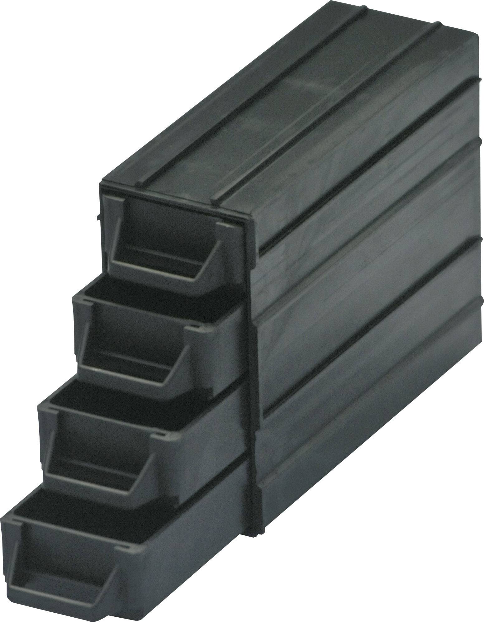 Un bac de rangement noir à quatre tiroirs, empilable, idéal pour le stockage de petits objets ou d'outils.