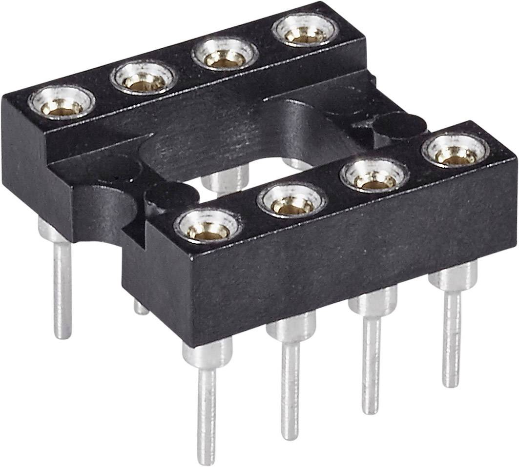 Un support CI noir rectangulaire doté de huit broches métalliques dépassant de sa face inférieure. Adapté pour les composants électroniques.