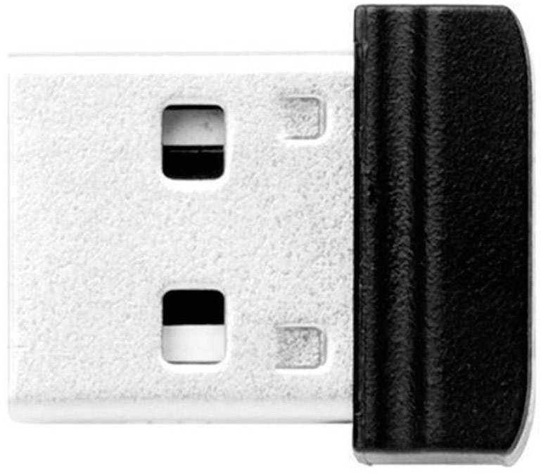 Une petite clé USB avec un boîtier en plastique noir, partiellement visible. Elle dispose d'un connecteur métallique argenté.