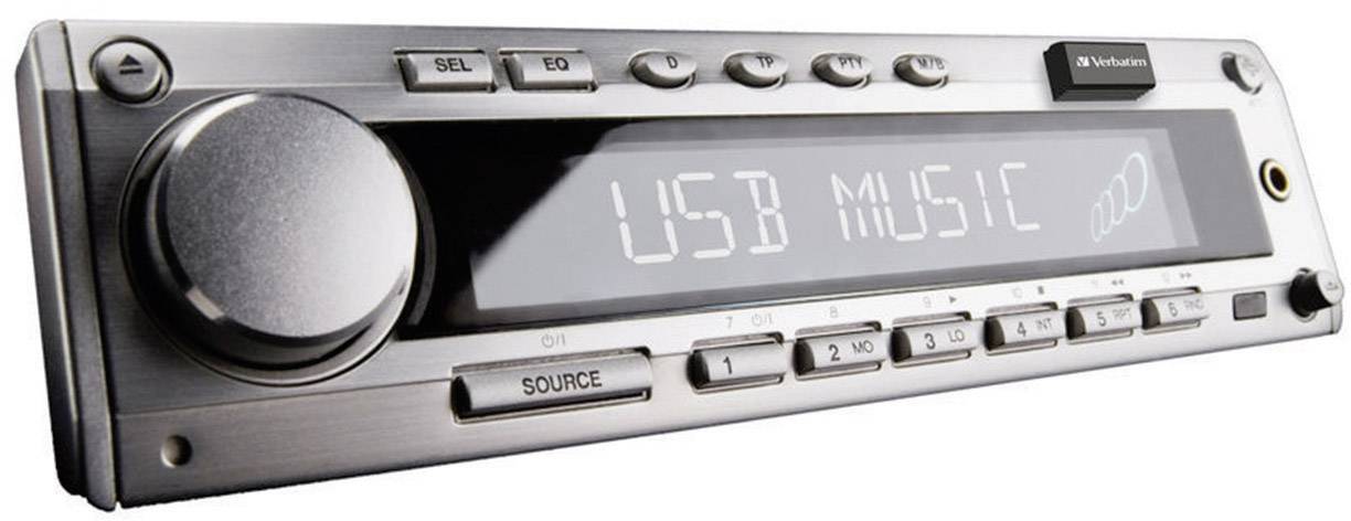 Autoradio avec affichage indiquant 'USB MUSIC'. Commandes de station et de volume visibles. Design moderne à look métallique.